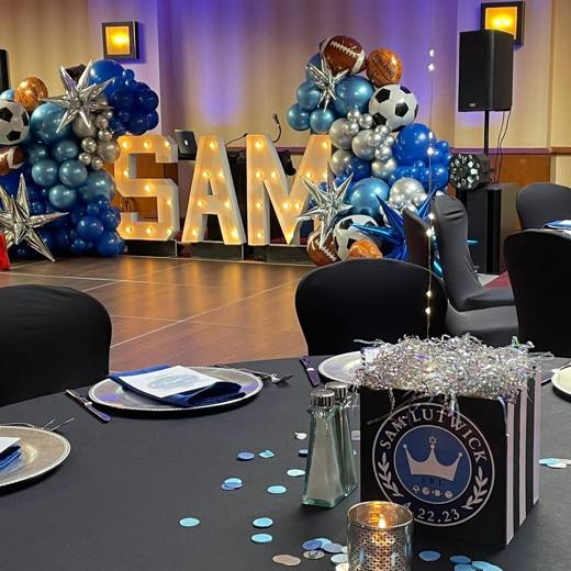 Game On: Sports, in bold silver, blue and black. Bar Mitzvah at Renaissance Charlotte, planned by Razzle Dazzle Event Planning, Charlotte NC. Photo 3 of 8.