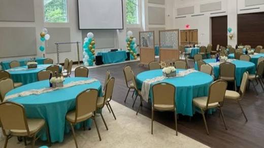 Bright Blues and Greens: Blue and green, bright and beautiful. Mitzvah celebration at Chabad of Charlotte, planned by Razzle Dazzle Event Planning, Charlotte NC. Photo 2 of 7.