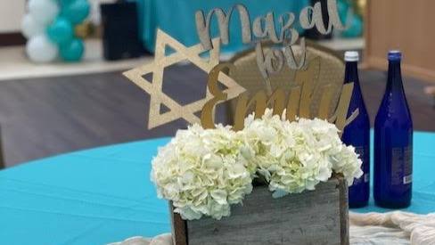 Bright Blues and Greens: Blue and green, bright and beautiful. Mitzvah celebration at Chabad of Charlotte, planned by Razzle Dazzle Event Planning, Charlotte NC. Photo 4 of 7.