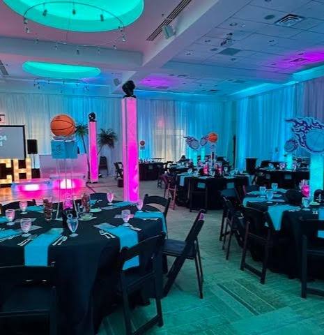 Miami Nights Basketball: Basketball with Miami club vibes. Bar Mitzvah at Temple Beth El, Charlotte, planned by Razzle Dazzle Event Planning, Charlotte NC. Photo 2 of 10.