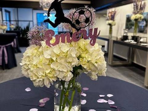 A Night to RemEMber: Navy and lavender soccer. Bat Mitzvah at Marriott SouthPark, planned by Razzle Dazzle Event Planning, Charlotte NC. Photo 3 of 10.