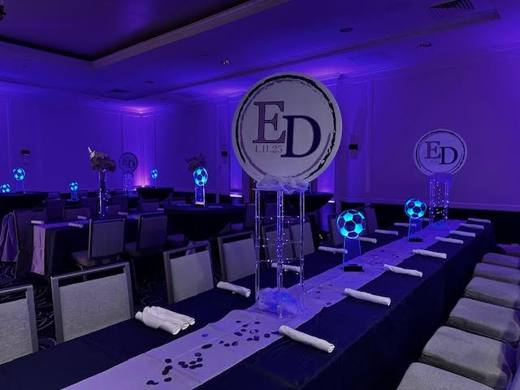 A Night to RemEMber: Navy and lavender soccer. Bat Mitzvah at Marriott SouthPark, planned by Razzle Dazzle Event Planning, Charlotte NC. Photo 5 of 10.