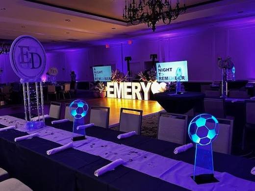 A Night to RemEMber: Navy and lavender soccer. Bat Mitzvah at Marriott SouthPark, planned by Razzle Dazzle Event Planning, Charlotte NC. Photo 6 of 10.