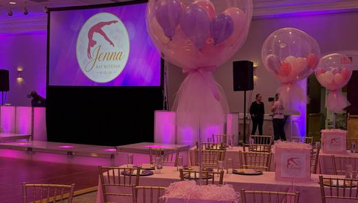 Jenna's Bat Mitzvah: Gymnastics, planned by a former college gymnast. Bat Mitzvah at Charlotte Marriott City Center, Uptown, planned by Razzle Dazzle Event Planning, Charlotte NC. Photo 3 of 18.