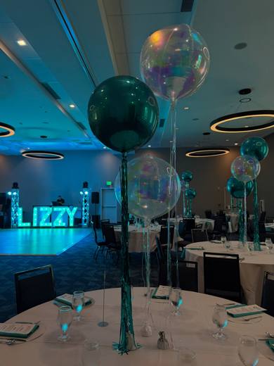 Lizzy's Bat Mitzvah: Teal, silver and white, with LIZZY in marquee lights. Bat Mitzvah at Marriott Waverly, Charlotte, planned by Razzle Dazzle Event Planning, Charlotte NC. Photo 2 of 14.