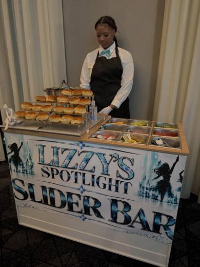 Lizzy's Bat Mitzvah: Teal, silver and white, with LIZZY in marquee lights. Bat Mitzvah at Marriott Waverly, Charlotte, planned by Razzle Dazzle Event Planning, Charlotte NC. Photo 5 of 14.