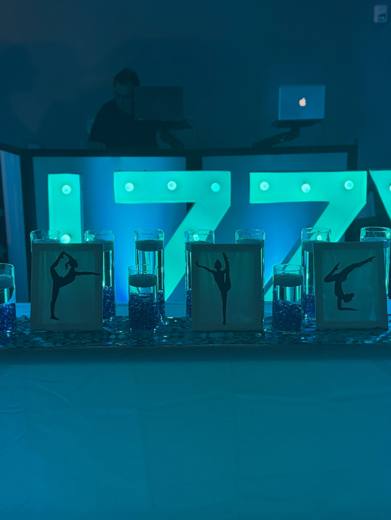 Lizzy's Bat Mitzvah: Teal, silver and white, with LIZZY in marquee lights. Bat Mitzvah at Marriott Waverly, Charlotte, planned by Razzle Dazzle Event Planning, Charlotte NC. Photo 6 of 14.