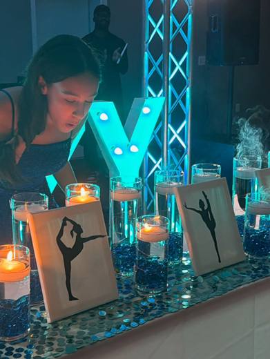 Lizzy's Bat Mitzvah: Teal, silver and white, with LIZZY in marquee lights. Bat Mitzvah at Marriott Waverly, Charlotte, planned by Razzle Dazzle Event Planning, Charlotte NC. Photo 8 of 14.