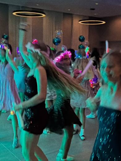 Lizzy's Bat Mitzvah: Teal, silver and white, with LIZZY in marquee lights. Bat Mitzvah at Marriott Waverly, Charlotte, planned by Razzle Dazzle Event Planning, Charlotte NC. Photo 10 of 14.