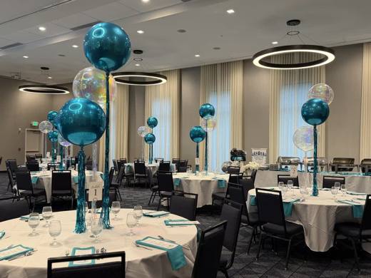 Lizzy's Bat Mitzvah: Teal, silver and white, with LIZZY in marquee lights. Bat Mitzvah at Marriott Waverly, Charlotte, planned by Razzle Dazzle Event Planning, Charlotte NC. Photo 13 of 14.