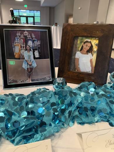 Lizzy's Bat Mitzvah: Teal, silver and white, with LIZZY in marquee lights. Bat Mitzvah at Marriott Waverly, Charlotte, planned by Razzle Dazzle Event Planning, Charlotte NC. Photo 14 of 14.